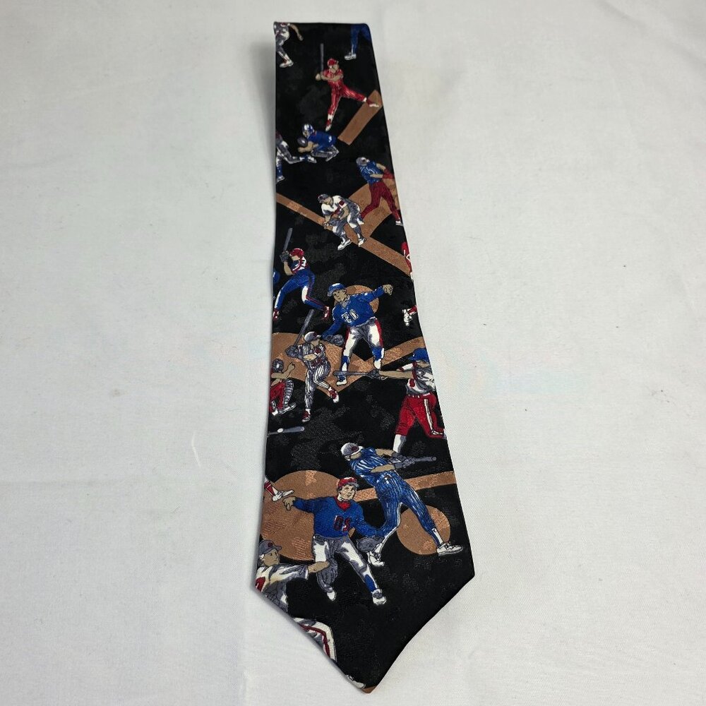 Men's Baseball Novelty Silk Tie Black with Baseball Players Various Colors